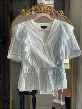 J. Crew 100% Cotton Blue & White Striped Ruffle Wrap Top